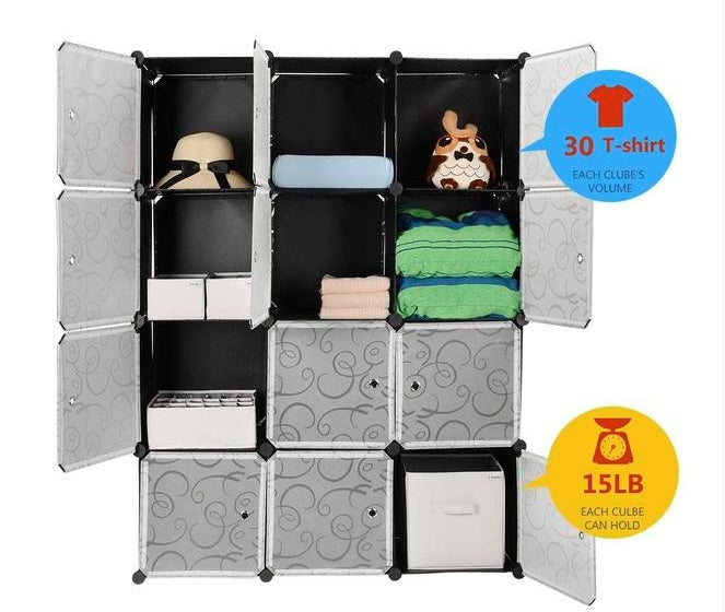 12-Cube Modular Closet Organizer, Stackable Storage Cubes with Doors